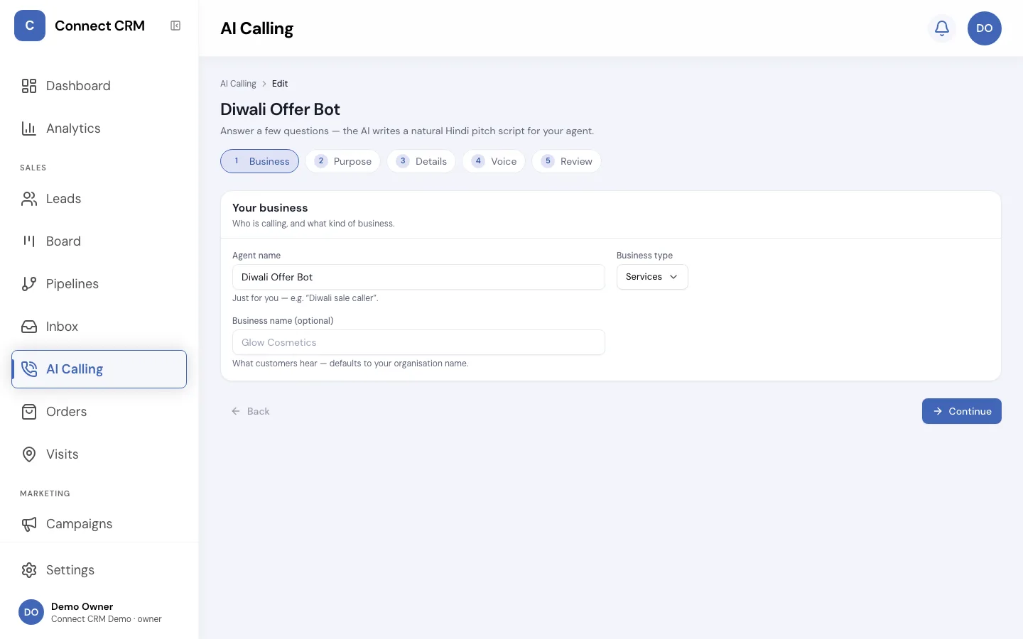 The Connect CRM AI calling agent builder wizard, where you set the business, purpose and product