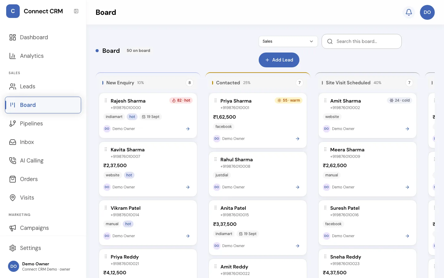 Connect CRM pipeline board (kanban) with lead cards, AI scores and deal values across stages