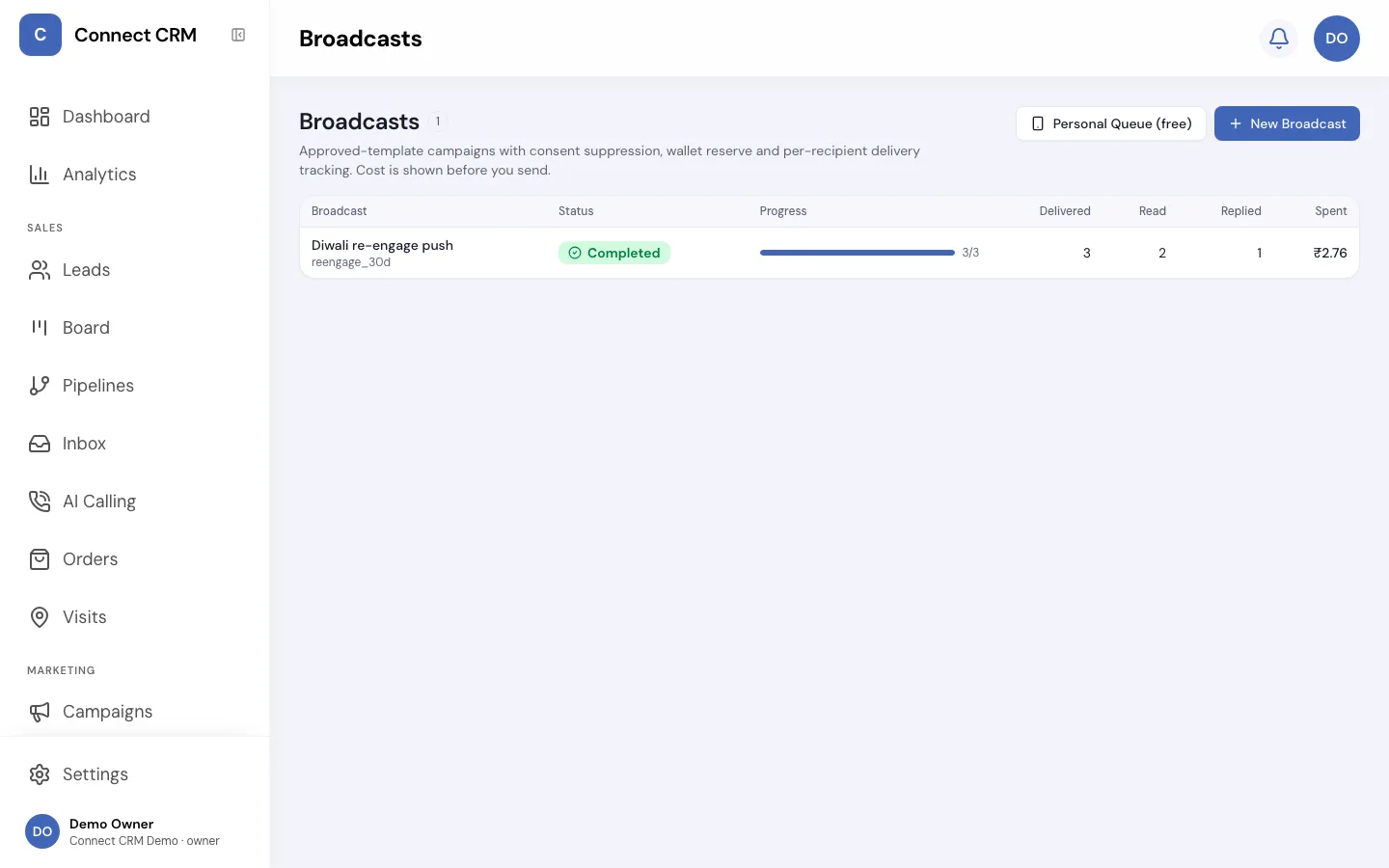 Connect CRM WhatsApp broadcasts with delivery, read and reply tracking and the wallet spend