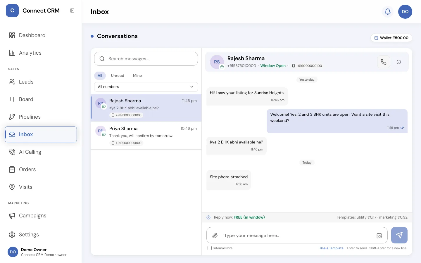 The Connect CRM WhatsApp team inbox with a live customer conversation and the reply composer