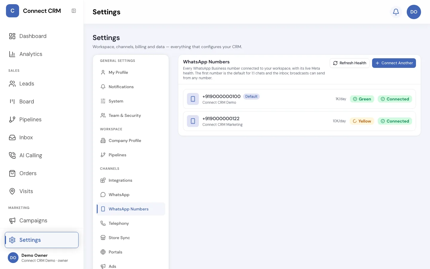 Connect CRM WhatsApp Numbers settings showing two connected business numbers with their Meta health and daily limits